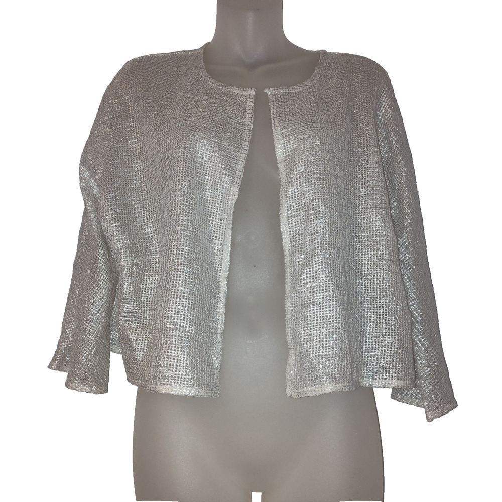 Perse Womens Silver Metallic Open Front Cropped Jacket Size 16 BG12
